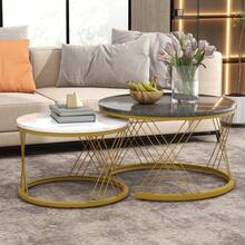 Set Of 2 Modern Nesting Coffee Tables, In Marble Veneer, Nesting Style, Round, With Gold Frame. - View 1