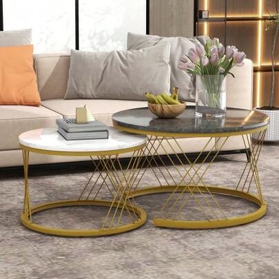 Set Of 2 Modern Nesting Coffee Tables, In Marble Veneer, Nesting Style, Round, With Gold Frame.