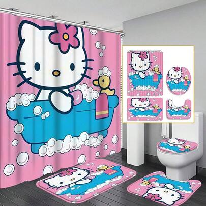 1/4件套可爱浴室配件浴帘套装，包含防滑垫、马桶盖套、浴垫和12个挂钩，防水可爱，适合浴室装饰