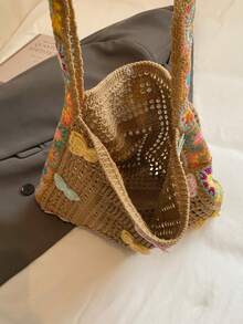 Dedoo Bohemian Style Women's Handbag, Large Capacity Open-Top Tote, Beach Bag, Travel Accessory, Woven Texture, Suitable For Work, School, Beach, Crochet, Holiday (Butterfly Color/Position Random) (Strap Color/Pattern Random) - Khaki - View 10