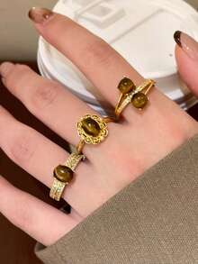 3件套时尚立方氧化锆心形开口戒指，适合女士日常佩戴 - 金黃色 - 查看 1