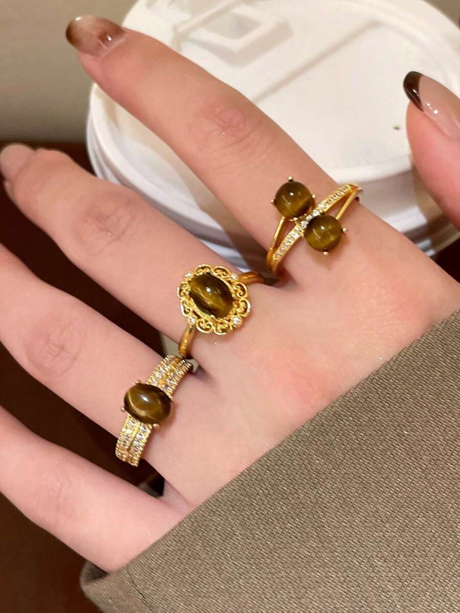 3件套时尚立方氧化锆心形开口戒指，适合女士日常佩戴 - 金黃色 - 查看 1