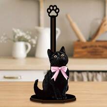 黑色猫形厨房纸巾架，木质厨房纸巾架，单层抹布架，立式厨房纸巾架，台面纸巾和保鲜膜分配器 - 彩色 - 查看 2