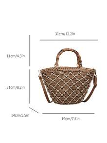 Summer Holiday Handbag, Woven Ladies Tote Bag, Colorblock Straw Bag With Long Shoulder Strap For Crossbody, Zipper Closure, Suitable For Vacation, Beach, Casual Daily Wear - Khaki - View 13