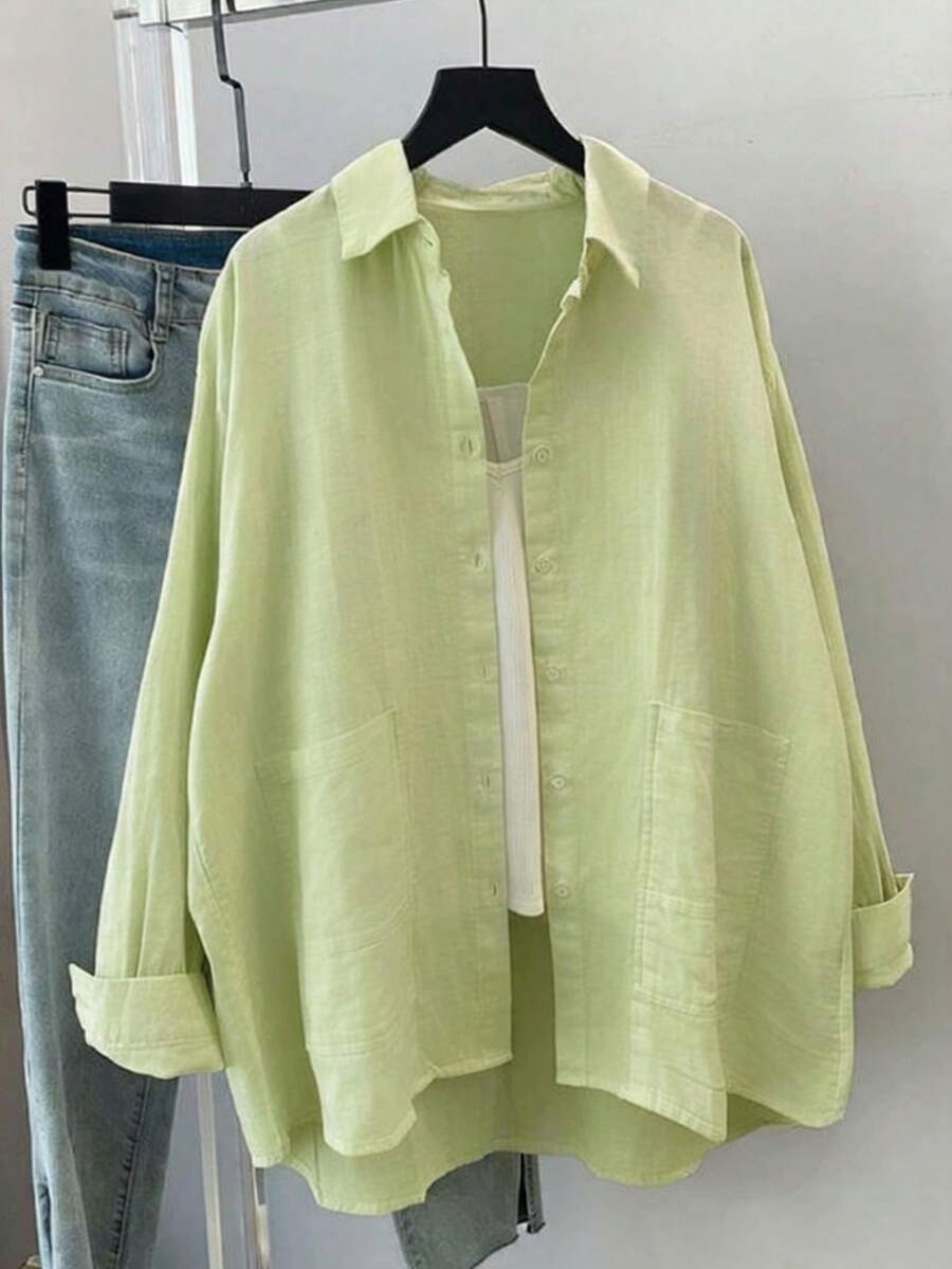 Plus Size Women's Solid Color Long Sleeve Casual Loose Blouse, Spring/Summer - Light Green - View 1