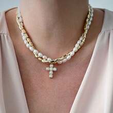 A Baroque Faux Pearl Necklace Diamond Cross Pendant Clavicle Chain Suitable For Women Daily Wear - Multicolor - View 2