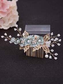 1 chiếc lược cài tóc thủ công bằng chỉ vàng, họa tiết hoa màu xanh nhạt và ngọc trai dành cho nữ. - màu xanh lá - Xem 2