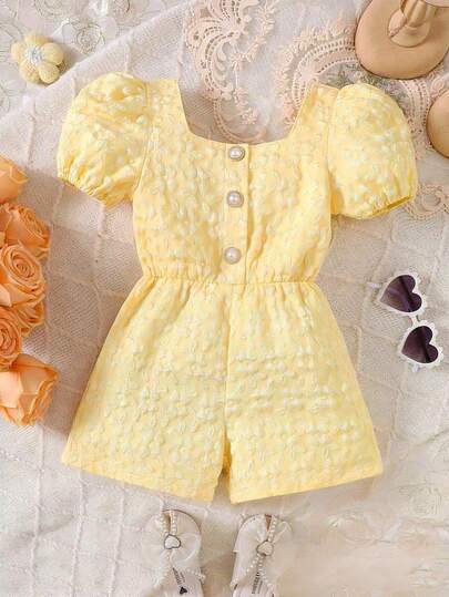 少女甜美风黄色提花泡泡袖连体裤，方领珍珠纽扣系腰休闲连体裤，夏季