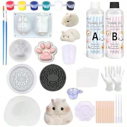 Anergoo Taba Squishes Kit With Pig Bunny Silicone Mold Cookie Mold Squishy Hamster Mold 3" Paw Animal Silicone Molds For Decompression Gift 200g