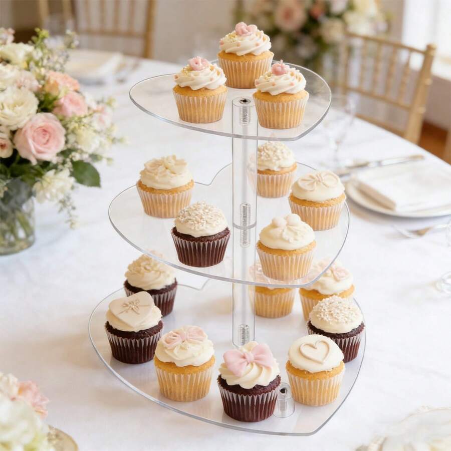 Giá đựng bánh cupcake hình trái tim trong suốt 3 tầng bằng acrylic, giá trưng bày bánh cupcake cho đám cưới. - Xem 1