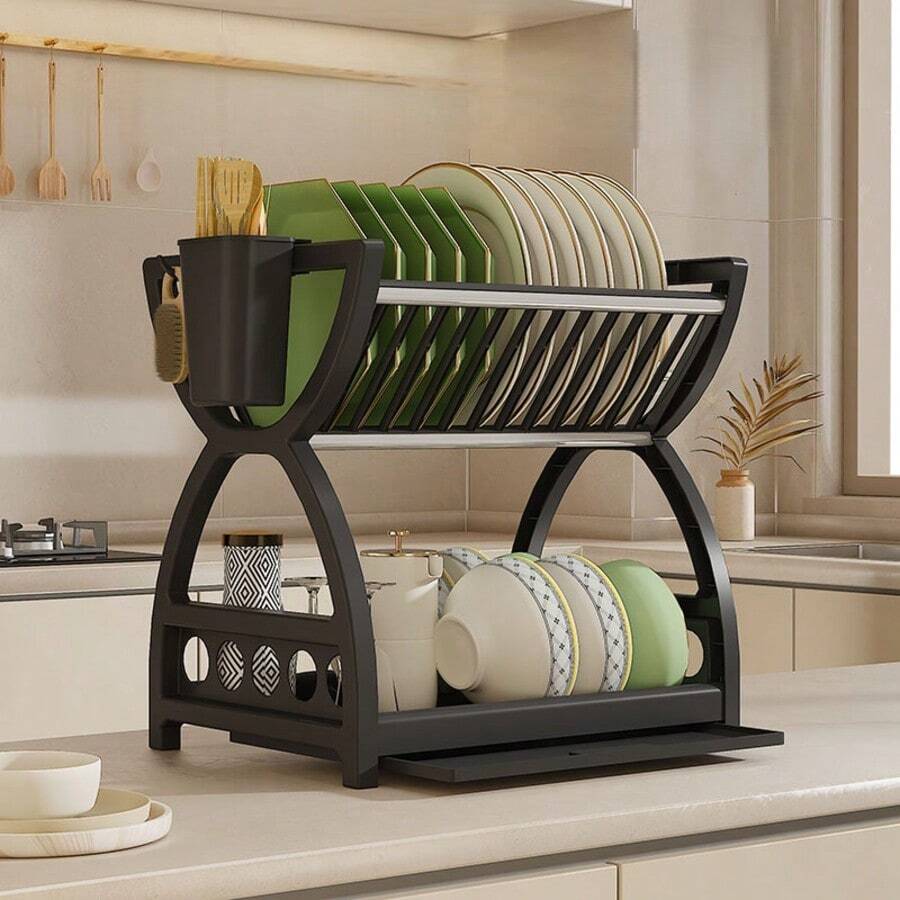 Kitchen Organizer Magic! Multi-Layer Plastic Dish Rack With Drainage, Knife Block & Utensil Holder, Space-Saving Countertop Shelf!