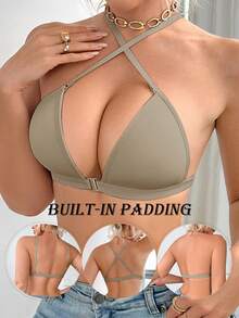 Grey Front-Fastening Wireless Bra With Fixed Padding, Detachable Straps, Multi-Style Wear: Halter, Crisscross Back And Camisole Bra. - Grey - View 3