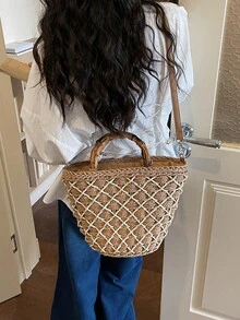 Summer Holiday Handbag, Woven Ladies Tote Bag, Colorblock Straw Bag With Long Shoulder Strap For Crossbody, Zipper Closure, Suitable For Vacation, Beach, Casual Daily Wear - Khaki - View 4