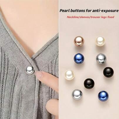 5pcs Faux Pearl Plastic Snap Buttons - No Sewing Adjustable Rings, Glossy Sphere In Navy Blue/Black And White/Gray And Champagne, Shirt, Dress, Jacket, Blouse Fastener - Durable And Easy To Use (5pcs), Shiny Buttons For Clothes, Garment Buttons, Craft Decor Buttons, Cardigan Fine Buttons, Solid Color Zinc Alloy Coat Buttons For Women