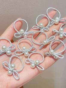 20Pcs No Damage Pearl Bow Hair Ties, Red & Silver Elastic Hair Bands For Girls - Multicolor - View 7