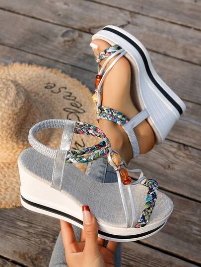 WRCVS Silver Women's Woven Strap Sandals, Summer Platform Thick Bottom Sandals, Handmade Beaded Shoes, Lightweight Vacation Sandals, Bohemian Style Wedge Shoes, Outdoor Wedge Shoes, Random Floral Pattern