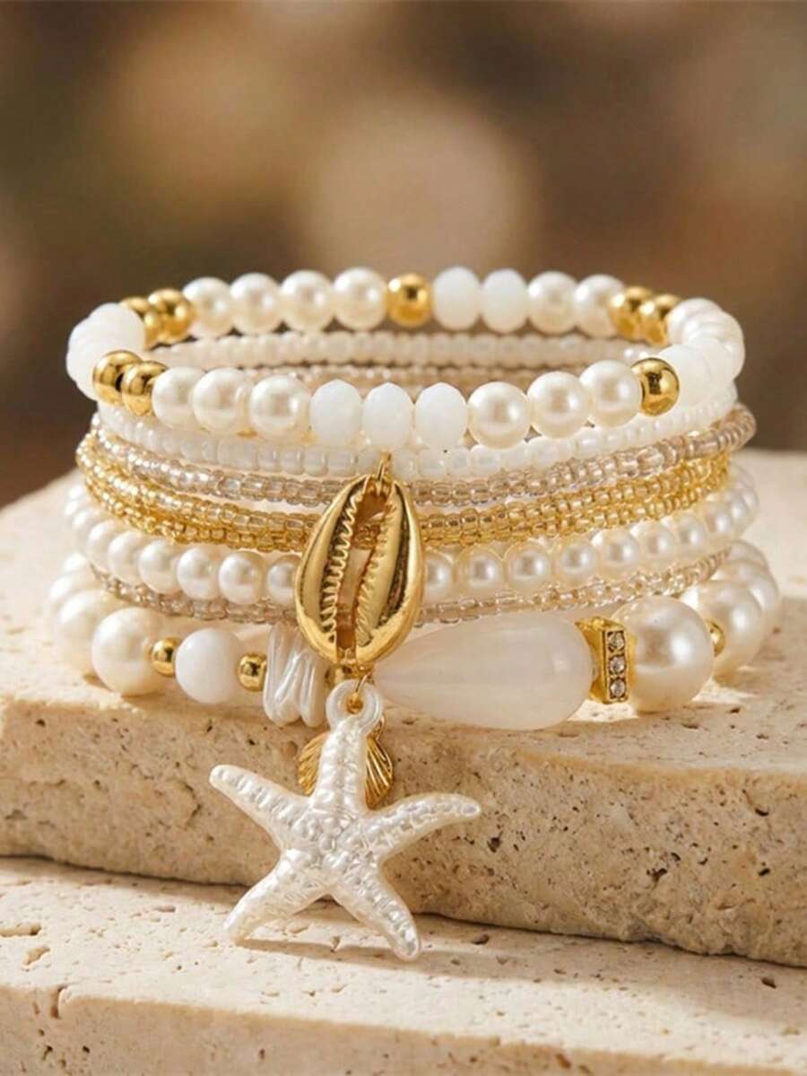 8pcs Crystal Starfish & Shell Bracelet Set, Suitable For Women's Beach Travel Wear - Multicolor - View 1