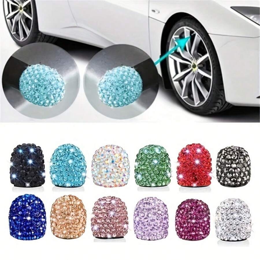 4pcs Set Rhinestone Tire Valve Caps - Shiny Car Accessories, Waterproof And Dustproof, Universal Fashion Car Accessories, Easy To Install Upgrade Kit, Car Wheel Decoration Accessories