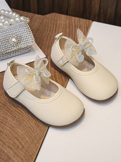 Cute Fashion Children's Leather Shoes, Pearl Decor, Hook And Loop Closure, Comfortable Outdoor Casual Shoes, Suitable For Toddlers And Kids, Recommended For Back To School Season