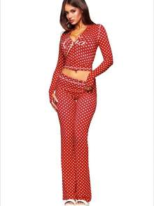 Slim Fit And Comfortable Ins Style Solid Color Women's Sexy Open Neck Printing Two-Piece Set Casual Long-Sleeved Set - Red - View 1