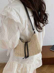 1pc Summer Beach Woven Shoulder Tote Bag, Straw Handbag For Women With Dual Shoulder Straps - Black - View 3