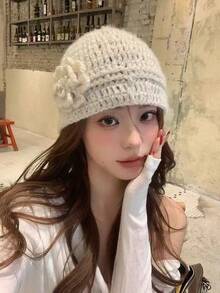 1顶女士优雅闪亮亮片花卉图案手工钩编针织帽，保暖防风，适合冬季、日常出行、约会、购物、情人节、母亲节等场合，时尚针织帽，夏季、海滩皆宜 - 彩色 - 查看 5