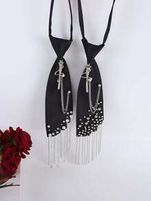 时尚珍珠流苏领带，可调节，无需系带，适合婚礼、派对、节日、旅行等场合，营造氛围。 - 黑色 - 查看 4