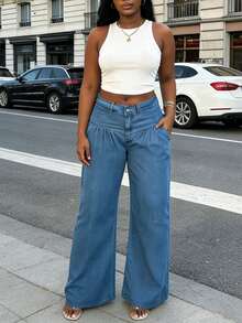 Women's Y2K Streetwear Wide Leg Jeans | Front Pleated Loose Fit Mid-Waist Casual Pants Suitable For Daily And Party Wear - Light Wash - View 3