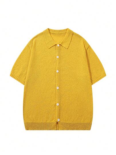 Cárdigan de punto de manga corta con cuello vuelto y ajuste holgado de unicolor para hombre, de textura suave y cómoda, para primavera/verano