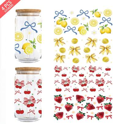4pcs/Set 16oz Glass Cup Wrap UV DTF Transfer Sticker (9.4x4.3in) No Heat Needed, Cute Fruit Lemon Strawberry Cherry Bow Graphic, Baseball Sporty Ribbon Aesthetic, Waterproof Rub On Decal For Libbey Can Tumbler DIY Gift