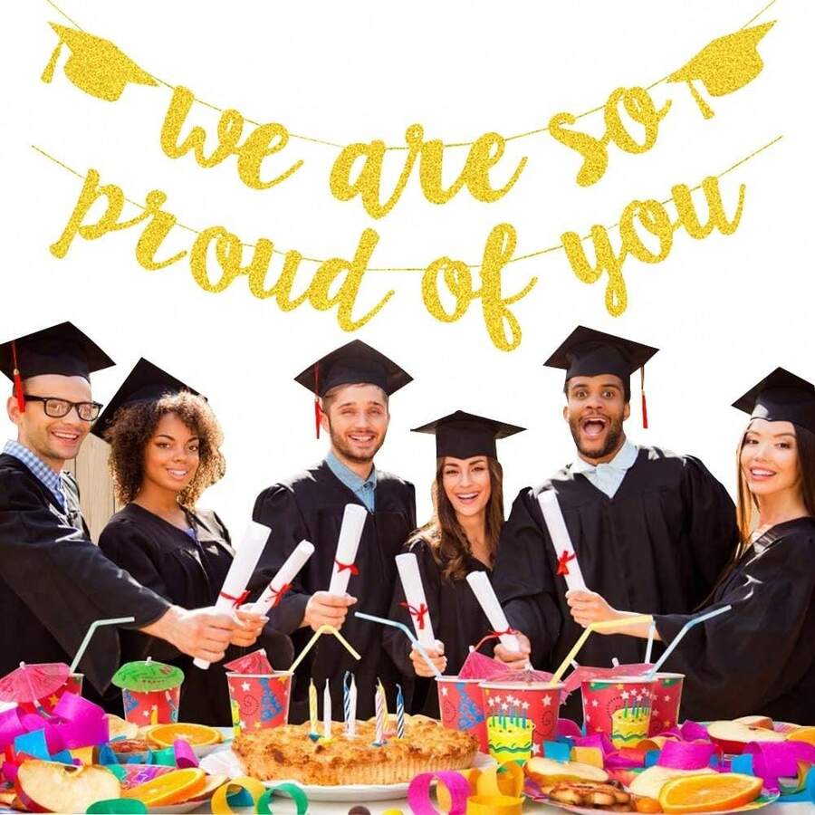 1 Set, 2026 Graduation Party Decoration Black Glitter "We Are Proud Of You" Graduation Banner, 2026 Graduation Congratulations Graduation Party Decoration - Gold - View 1