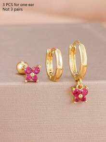 Conjunto de aretes elegantes y de moda con cristales para mujeres - 3 piezas - Oro - Ver 6
