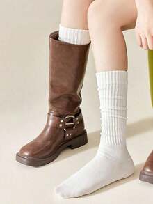 2 Pairs Women's Black & White Simple Slimming Calf Socks, Warm Long Socks Suitable For Daily Wear With Leather Shoes, Autumn/Winter, Cozy Socks - Black + White - 查看 4