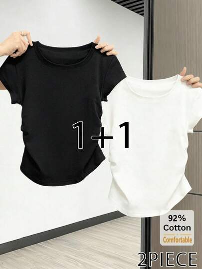 2件套夏季新款露脐短袖T恤女装，抽绳设计，显瘦时尚上衣