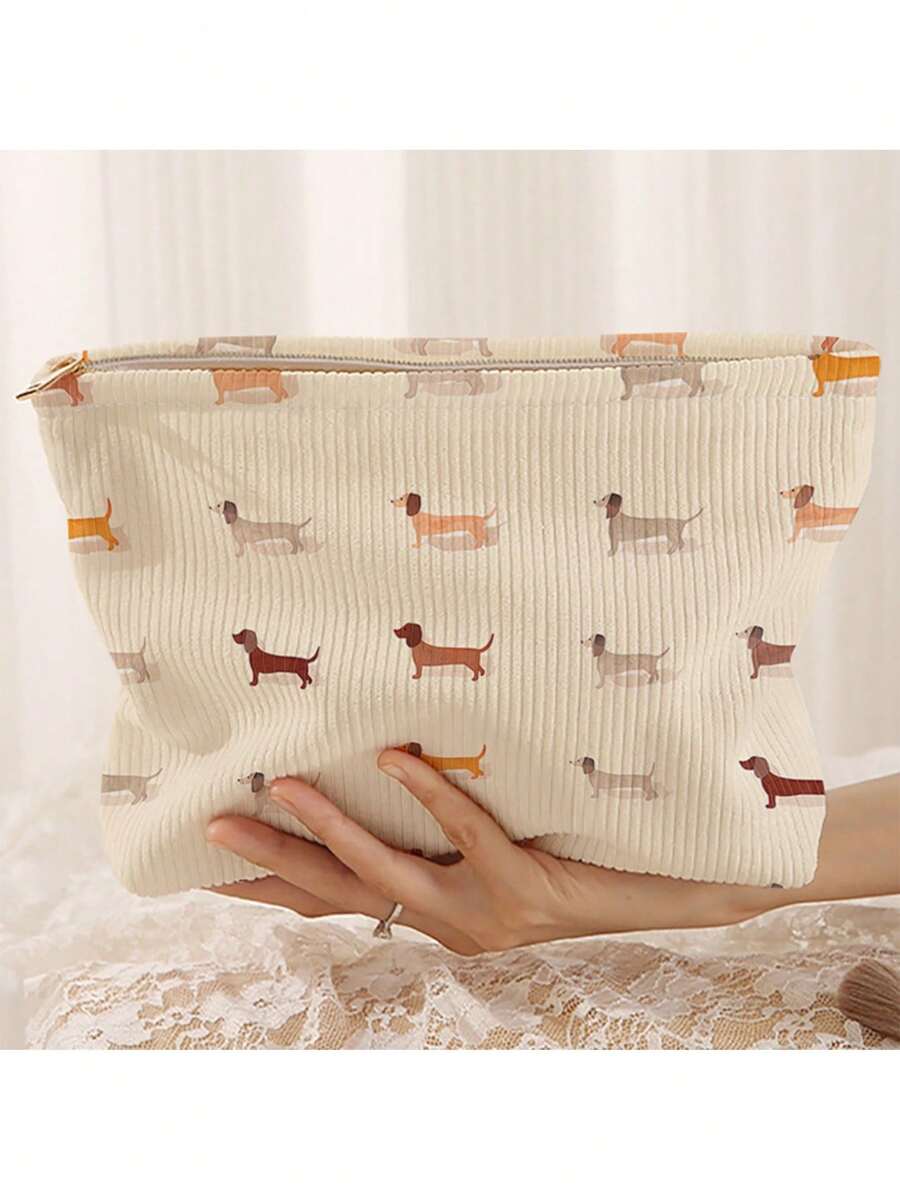 Minimalist Cartoon Sausage Dog Thick Fleece Zipper Cosmetic Bag, Multifunctional Toiletry Pouch Toiletries Bag Wash Bag Large Capacity Shower Bag For Women Mothers Day Gift Teacher Gift Cruise Essentials Travel Essential - Multicolor - View 1