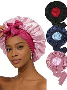 1pc Long Satin Silk Sleep Cap, Long Braid Sleep Hat, Reusable Adjustable Hair Care Cap, Women Sleep Bonnet - A - View 2