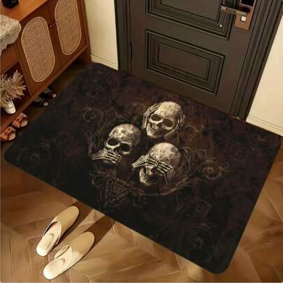 1 tấm thảm trang trí Halloween họa tiết đầu lâu mềm mại - Thảm sợi polyester, thích hợp cho phòng khách, phòng ngủ, phòng chơi game và phòng tắm.