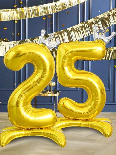 1pc 32-Inch Gold Crown Jumbo Number Balloon With Base, Suitable For Birthday, Party Decor, Theme Birthday, Photo Prop, Anniversary, Home Decor, Outdoor Decor