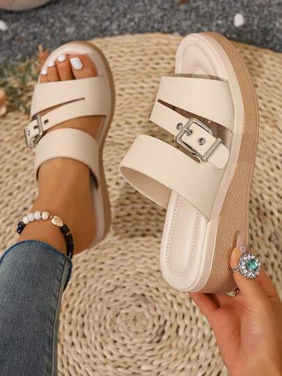 1双青少年/女孩夏季草编厚底凉鞋，休闲编织带设计，舒适透气米色凉鞋，建议买大一码