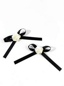 2个黑色丝带和白色玫瑰蝴蝶结发夹，适合任何场合 - 黑色 - 查看 3