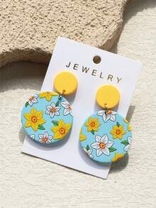 1对女士春夏黄色、白色花卉、浅蓝色陶瓷质感可爱优雅性感圆形亚克力耳环 - 彩色 - 查看 4