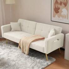 Sofa Bed With Adjustable Angle, Gold Bed Legs With Cushions And Side Storage Pockets - White - View 5