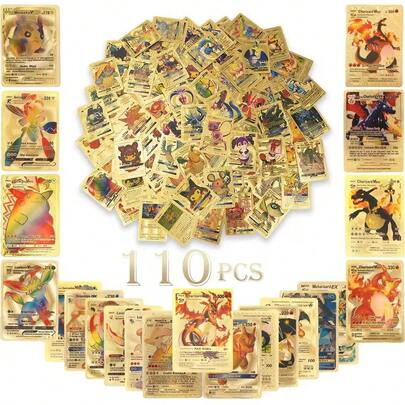 pokemon 110 piezas Una caja de tarjetas de colección Vmax GX Vstar en español, inglés, francés y alemán, con colores dorados, plateados, negros y coloridos. Juguete de tarjetas de regalo, colección rara, regalo de entrenador de batalla para festivales y cumpleaños