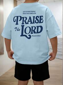 1pc Boys' Casual Letter Print Round Neck Short Sleeve T-Shirt, Summer Student Youth Clothing - The T-Shirt With English Letter Print Brings Joy And Happiness To Every Child! Let Everything That Has Breath Praise The Lord. - Baby Blue - View 5