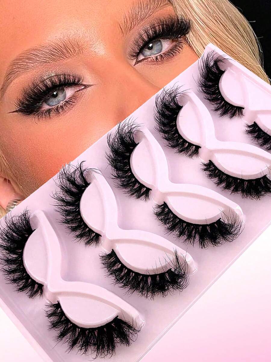 Youyibei 5对装蓬松猫眼假睫毛，浓密纤长，可重复使用，柔软轻盈，仿貂毛条状假睫毛，打造迷人眼妆。 - 黑色 - 查看 1