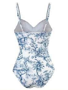 European & American Style Conservative Tummy Control Flattering Swimsuit, Vintage French Style One-Piece Swimwear With Skirt, Fits All Sizes Summer Vacation Beach - Baby Blue - View 3
