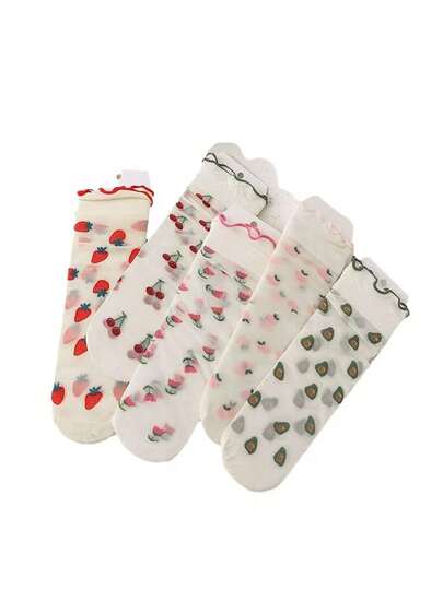 5/10 Pairs Japanese Style Cute Sweet Strawberry Crystal Silk Casual Mid-Calf Socks For Women, Versatile Fresh And Comfortable Breathable Stockings (No Cardboard)