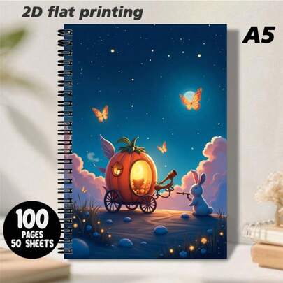 A5 Size Dreamlike Starry Night Fairytale World Spiral Notebook, Beautifully Printed With Adorable Rabbit And Pumpkin Carriage Scene, Warm Lighting In The Carriage, Butterflies Fluttering Around, Creating A Romantic And Dreamy Atmosphere. Lined Pages Design Suitable For Recording Thoughts, Inspirations, Daily Notes, Diaries, And Creative Ideas, Adding A Fairytale-Like Charm To Your Writing.