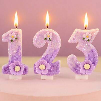 1支浪漫花朵生日蜡烛，高级蜡烛，带有0-9数字，是浪漫派对、生日蛋糕装饰、节日周年纪念派对蛋糕蜡烛的理想之选，闪亮数字蜡烛
