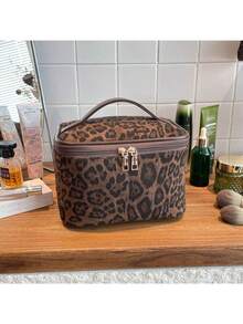 Large Capacity Leopard Print Makeup Bag, Portable Travel Cosmetic Organizer, Fashionable New Minimalist Style - Multicolor - View 2